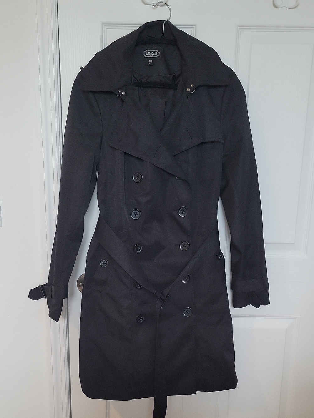 BGSD Black Hooded Trench Coat Large Belted Double Breasted